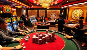 Experience the thrill of the casino with Roo99 games at an exciting poker table featuring vibrant poker chips and lively atmosphere.
