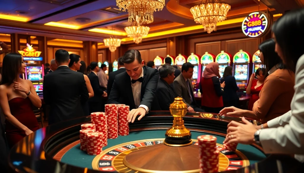 Experience the thrill at GG88 with a vibrant casino scene featuring a roulette table and engaged players.