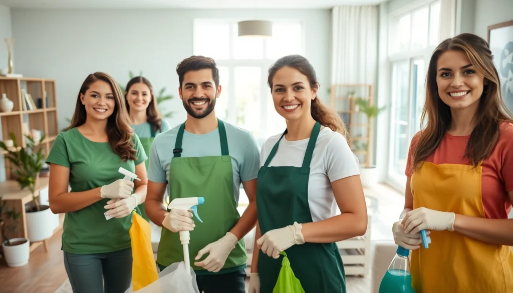 Cleaners showcasing a professional cleaning service in a bright, organized home environment.