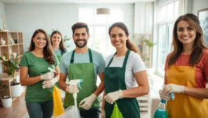 Cleaners showcasing a professional cleaning service in a bright, organized home environment.