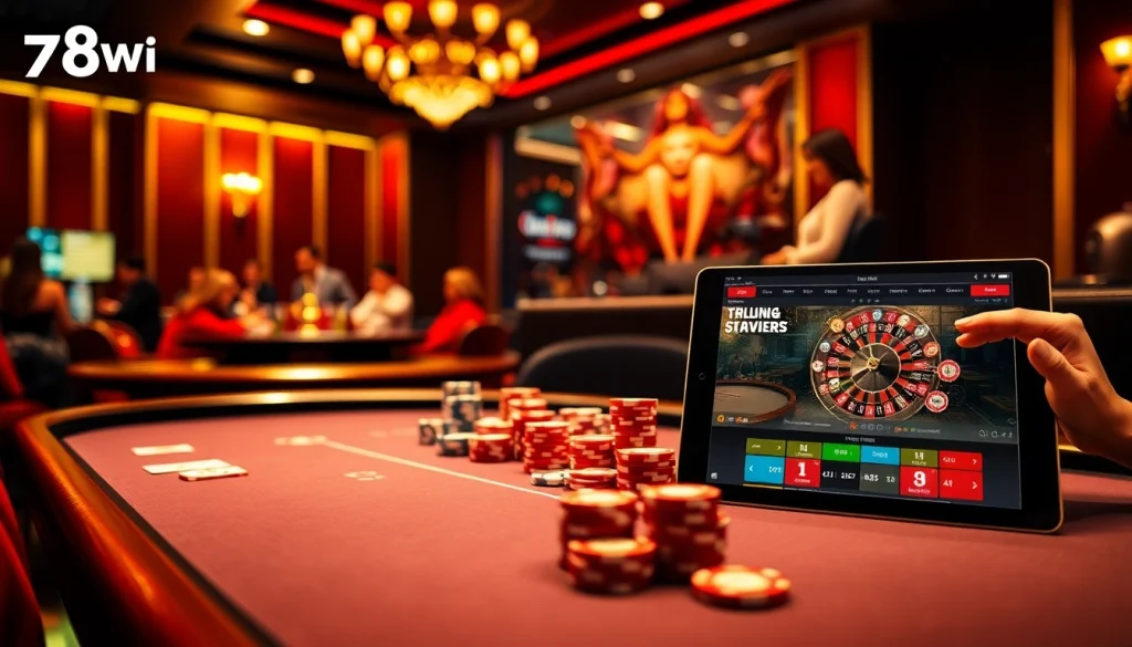 Experience the thrilling action of 78win with vibrant casino tables and eager players.