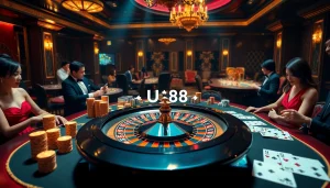 Engaged players enjoying a vibrant UU88 casino environment with poker chips and roulette.