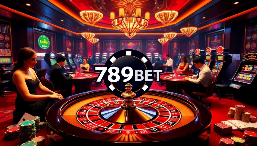 Experience the excitement of gambling at 789BET with a vibrant casino scene featuring roulette and engaging players.