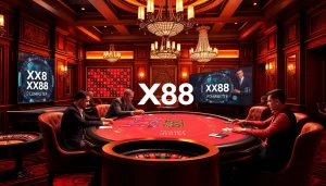 Players engaged in intense poker gameplay at XX88's luxurious online casino, vibrant poker chips visible.