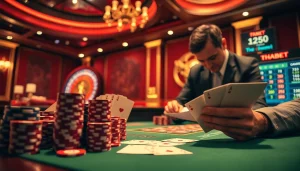 Exciting gambling scene featuring a player engaging with THABET's casino table, vibrant chips, and roulette wheel.