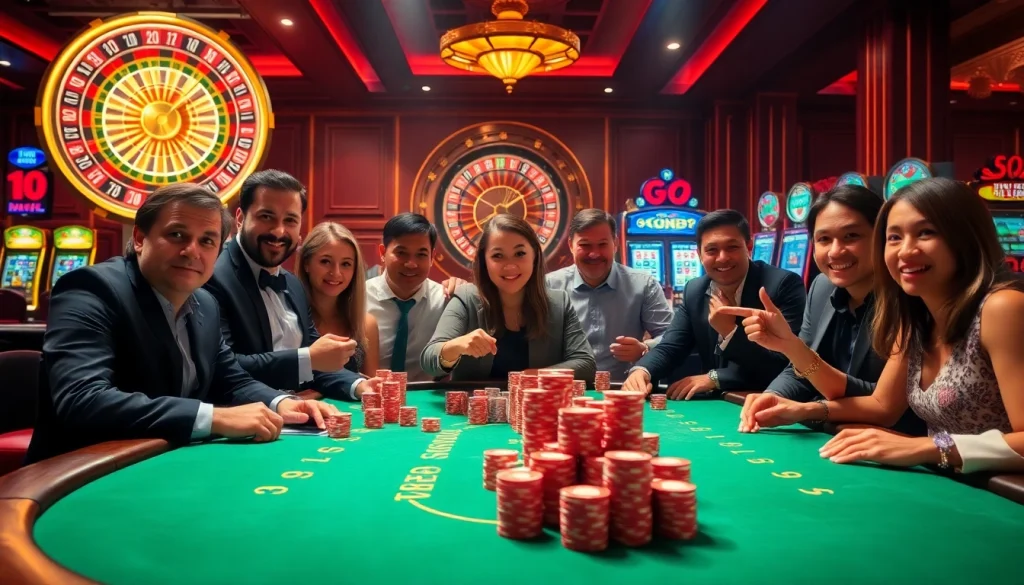 Engaged players strategize at a GO8-themed poker table, highlighting excitement in a luxurious casino.