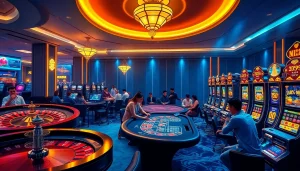 Exciting Hi88 online gambling scene with vibrant games, poker chips, and roulette wheels.