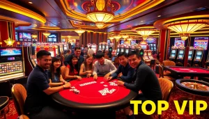 TOP VIP players enjoying a thrilling poker game surrounded by luxury casino gaming tables.