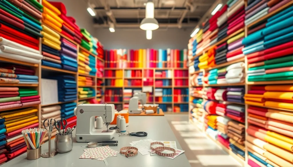 Verrukkelijke stoffenwinkel met een kleurrijke stoffenaanbieding in een uitnodigende sfeer.