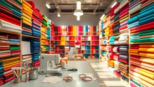 Verrukkelijke stoffenwinkel met een kleurrijke stoffenaanbieding in een uitnodigende sfeer.