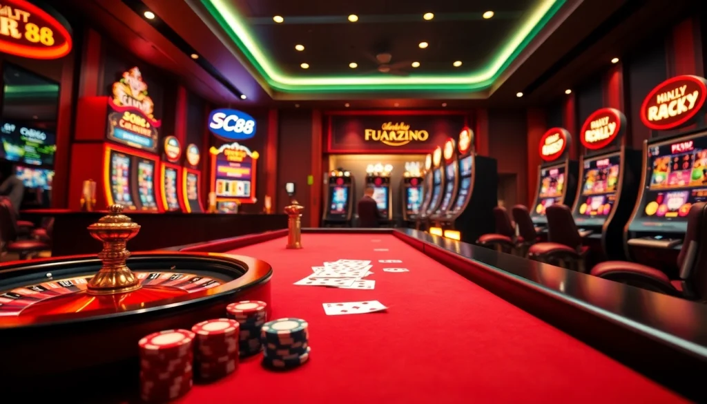 Experience thrilling online gaming at SC88 with vibrant casino visuals featuring roulette, poker, and slot machines.