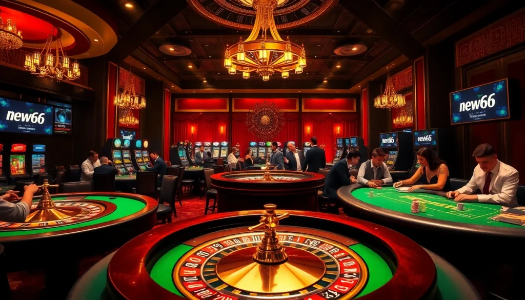Experience the thrill of new66 with vibrant casino gaming, featuring poker tables and roulette wheels.