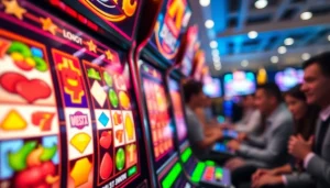 Bermain slot depo 5k dengan mesin slot berwarna cerah dan player antusias.