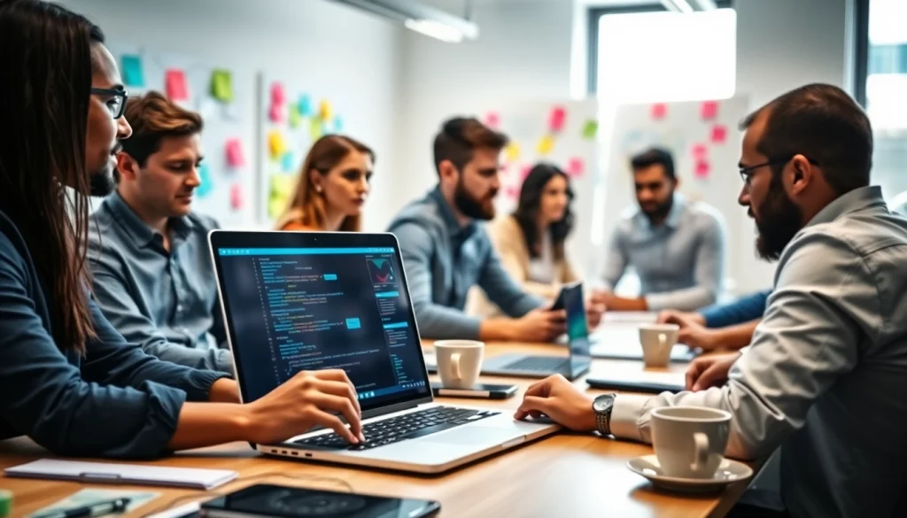 Team brainstorming and coding in app development at a modern office setup.