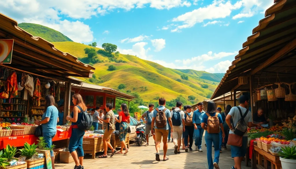 Travelers exploring a vibrant marketplace showcasing the adventure of fly888.