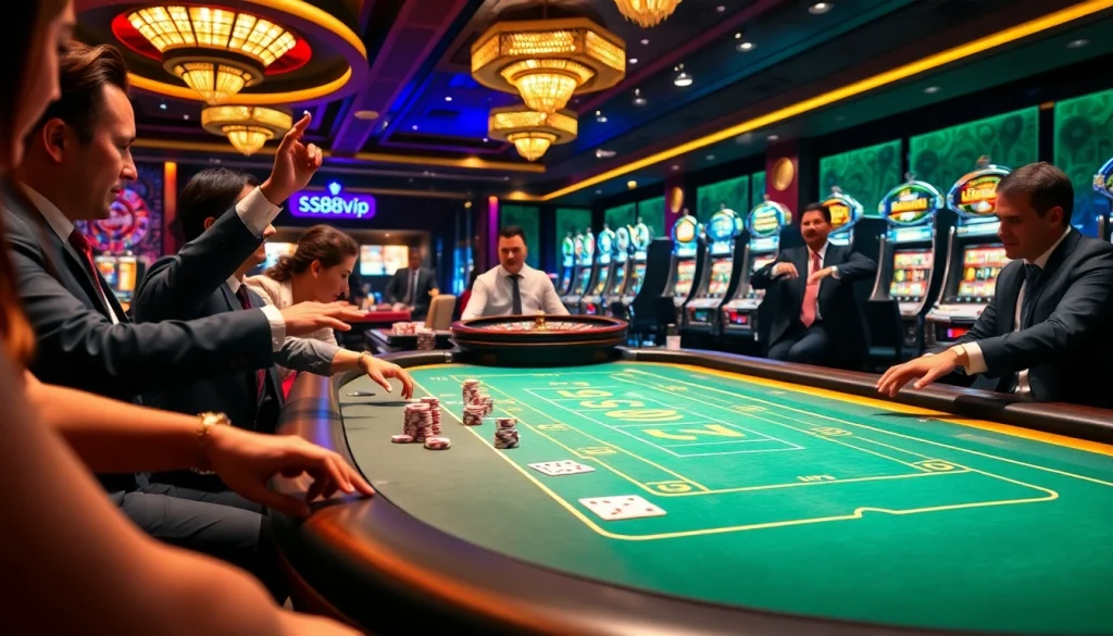 S88vip gaming excitement with players enjoying poker and dice in a luxurious casino setting.