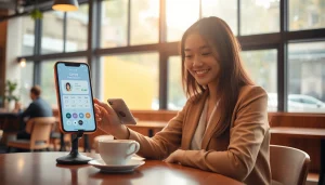 카페에서 스마트폰으로 소액결제를 하는 젊은 직장인