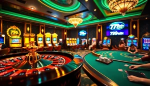 A dynamic casino scene with roulette and slot machines showcasing 789win's thrilling gambling experience.