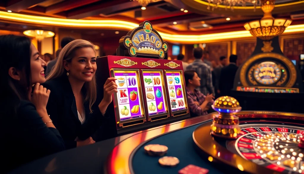 Nổ hũ slot machine game captivating players in a luxurious casino setting, showcasing excitement and thrills.