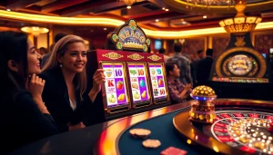 Nổ hũ slot machine game captivating players in a luxurious casino setting, showcasing excitement and thrills.