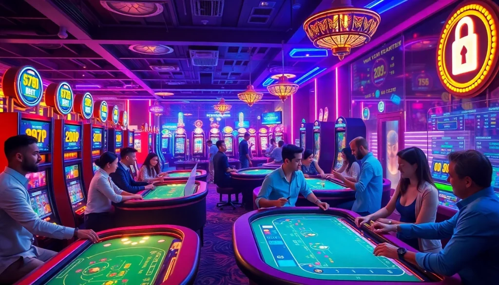 8Kbet offers an immersive online gaming experience, showcasing a casino atmosphere with players and vibrant games.