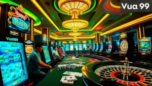 Experience the excitement of Vua99 with vibrant online gambling visuals including poker chips and slot machines.