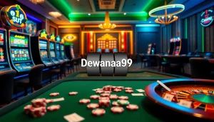 Dewanaga89 slot login dengan mesin slot berwarna-warni dan meja poker yang menampilkan kegembiraan permainan kasino.