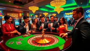 Excited players engaging with Hay88 casino games at a luxury roulette table.