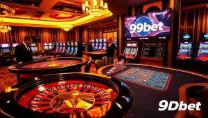 Engaging casino scene showcasing 9Dbet with roulette, poker, and slot machines.