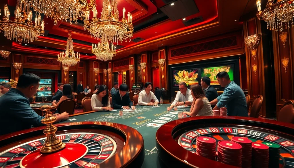 Experience the thrill of gambling at Nhà Cái BJ888's stunning casino tables stacked with poker chips.