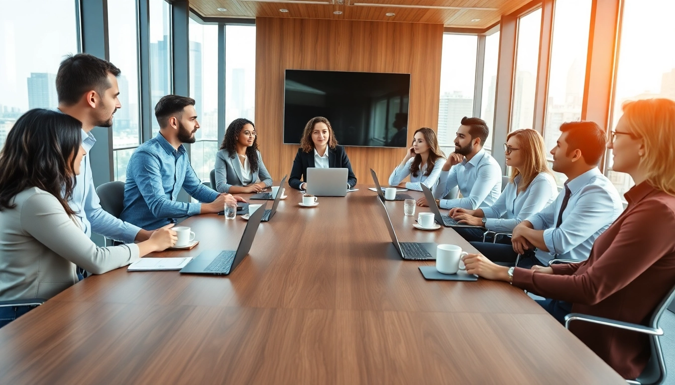 Engaged business professionals collaborating in a bright conference room.