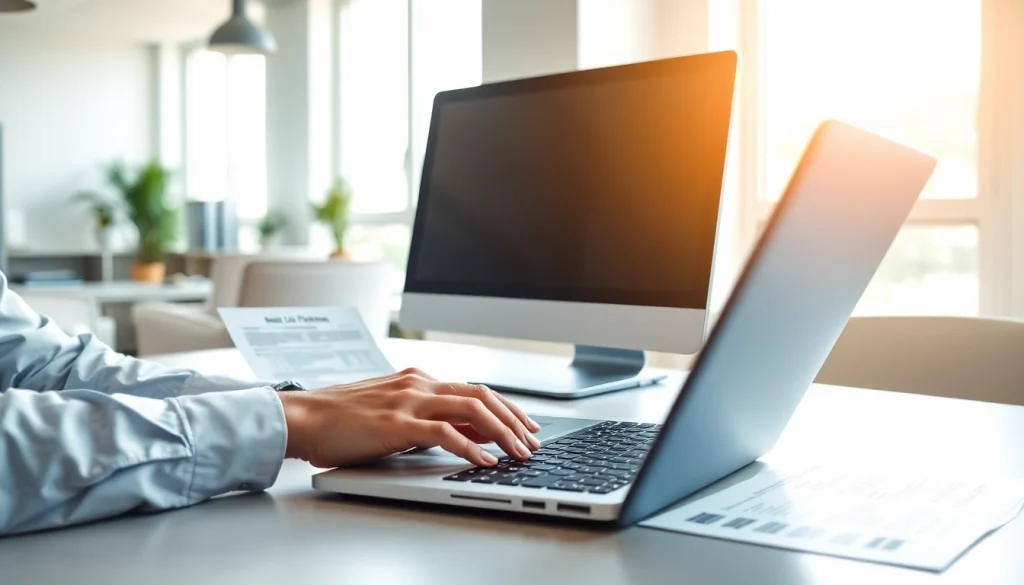 Consultant engaging in registration and certification in Federal databases at a modern office.