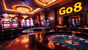 Experience thrilling gameplay at the Go8 casino with vibrant slot machines and roulette tables.