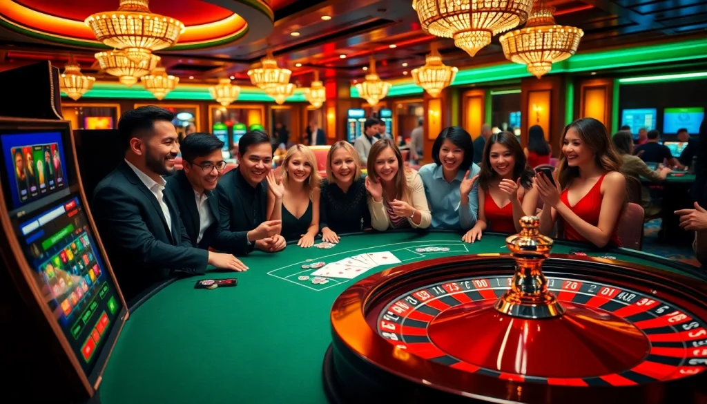 Engaged players enjoy an exciting game go88 at a luxurious casino table with vibrant slot machines.
