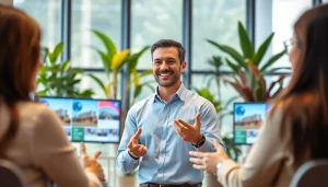 Engaging real estate agent assists clients in a modern office setting.