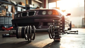 Enhanced BMW E36 coilovers showcasing performance features in a dynamic automotive setting.