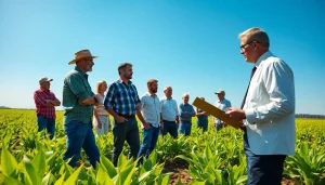 Farmers discussing agricultural law with a lawyer in a sunny field, promoting sustainable practices.