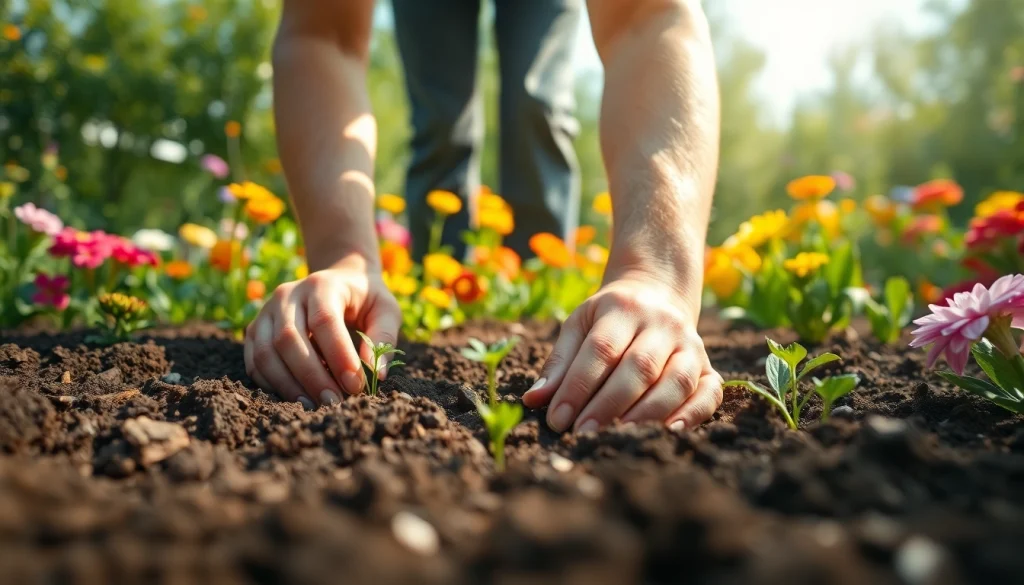 Gardening scene featuring a gardener planting seeds in rich soil surrounded by vibrant flowers.