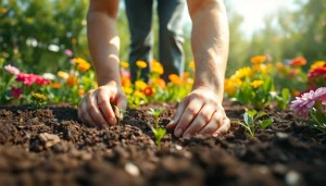 Gardening scene featuring a gardener planting seeds in rich soil surrounded by vibrant flowers.