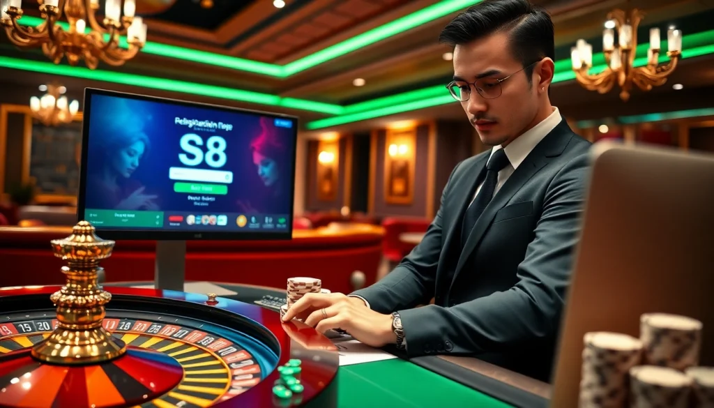 Exciting scene of a gambler completing Đăng Ký S8 on a luxury online casino interface.