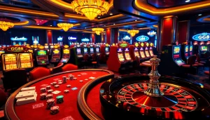 Experience the thrill of gambling at GG88 with an action-packed casino scene featuring vibrant gaming elements and luxury visuals.