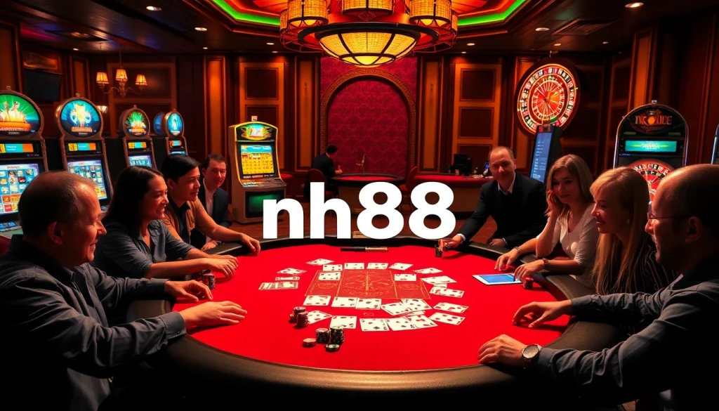 Players strategizing at a luxurious poker table in the vibrant nh88 casino atmosphere.
