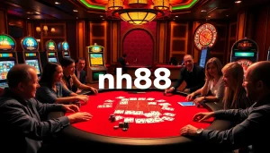 Players strategizing at a luxurious poker table in the vibrant nh88 casino atmosphere.