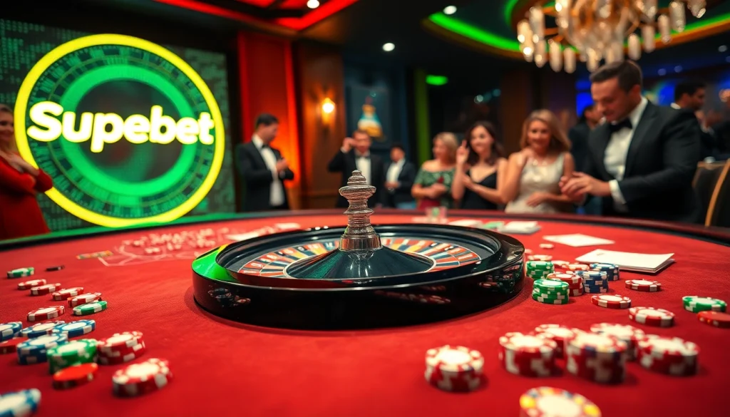 Players engaging at a Superbet casino table with a roulette wheel and vibrant poker chips.