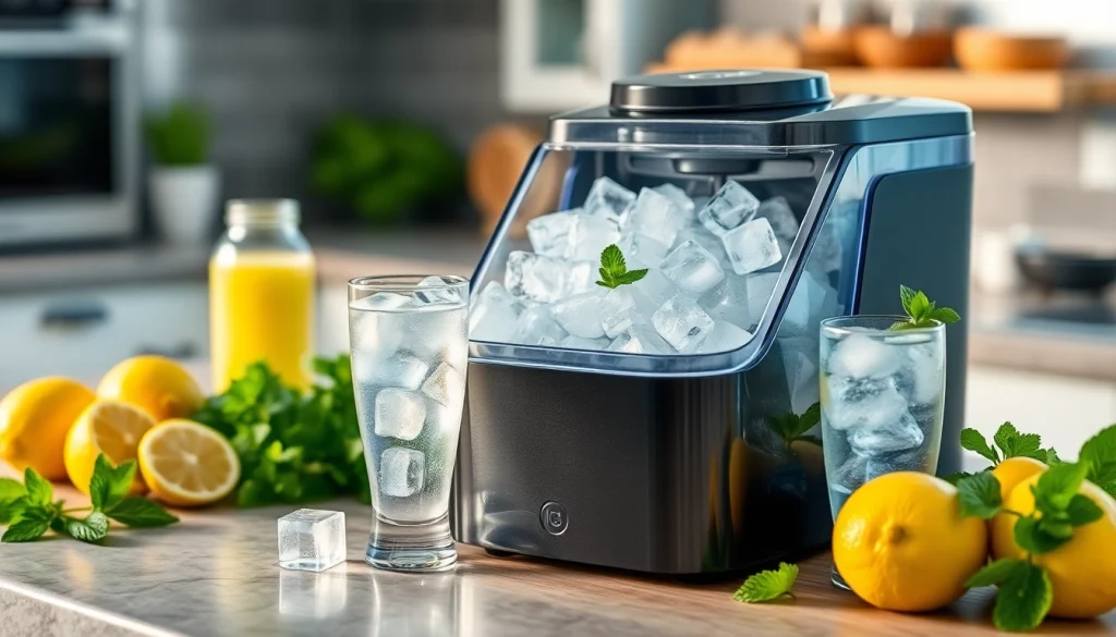 Affordable ice maker producing clear ice cubes in a modern kitchen setting.