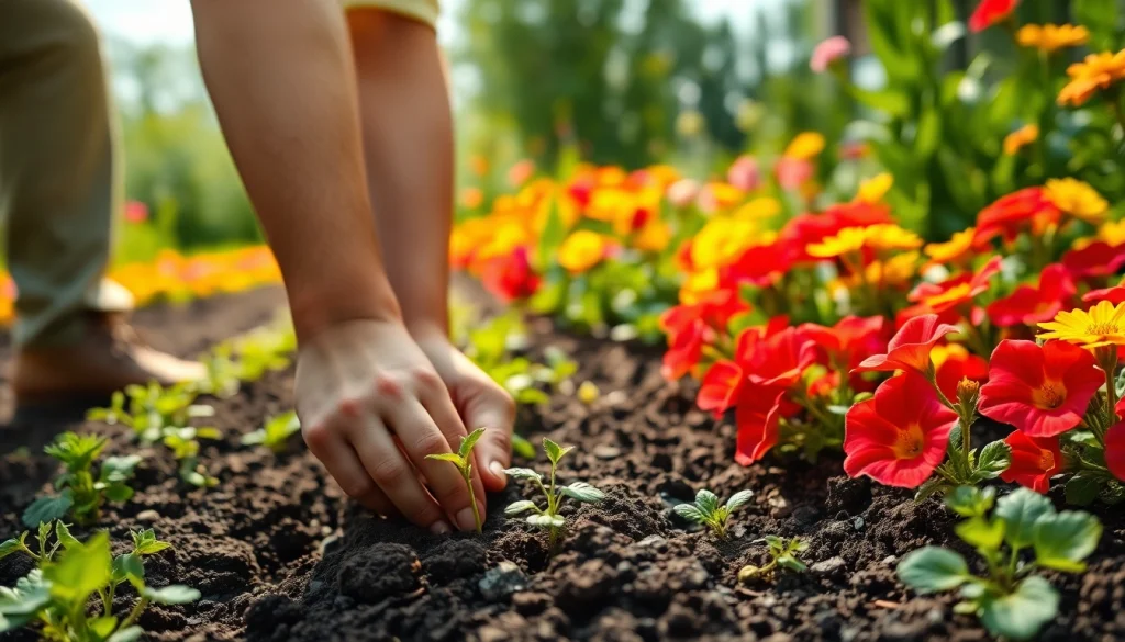 Gardening techniques demonstrated by a gardener planting seeds in a vibrant home garden.