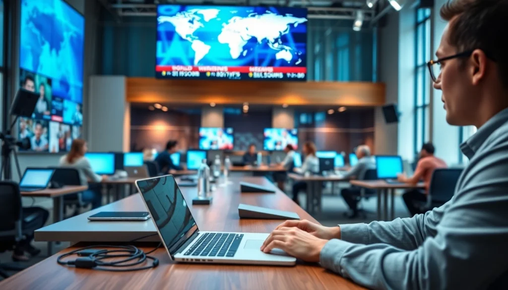 Report news updates on https://saudiwadi.com with a journalist in a modern newsroom.