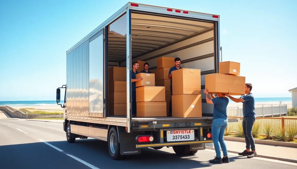 Efficient Interstate Removalists Kiama team moving furniture into a truck under sunny skies.