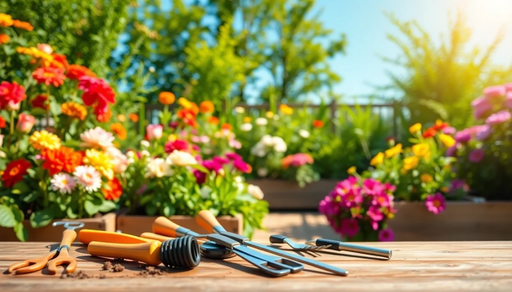 Engaging gardening scene showcasing blooming flowers and tools in a sunny backyard.