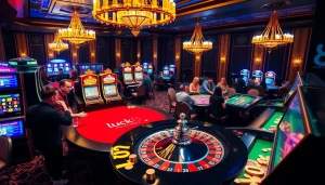Experience the excitement of luck8 at a luxurious casino with roulette and vibrant slot machines.